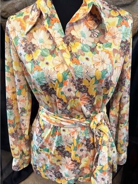 Floral Tie-Waist Women's Dress Shirt - Yellow Multi